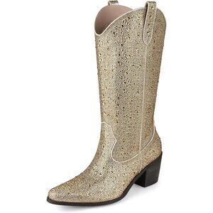 ⚡Women’s Gold Rhinestone Cowboy Boots Mid Calf Pointed Toe Sparkly Block Heel